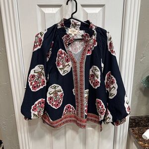 Umgee Navy Floral Blouse with Red Accents